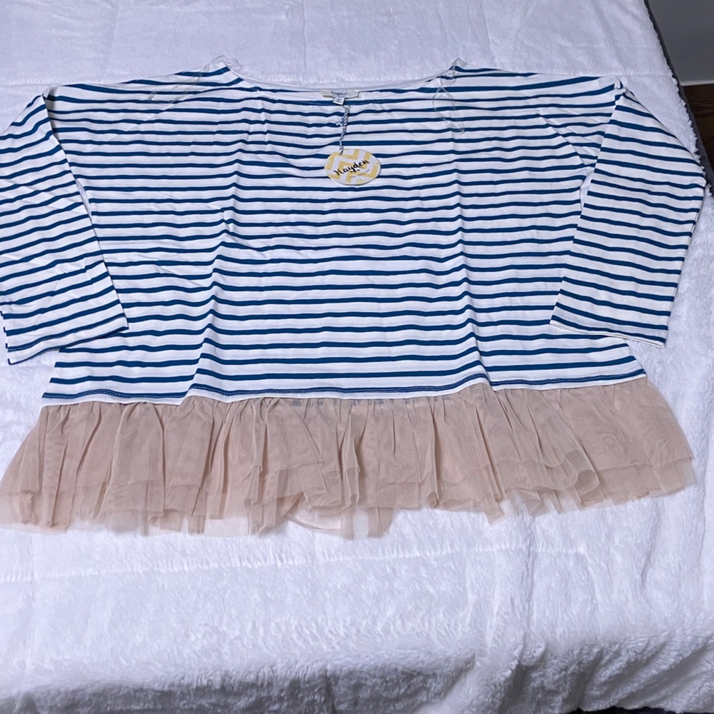 Hayden Navy and Cream Striped Blouse with Tan Ruffle